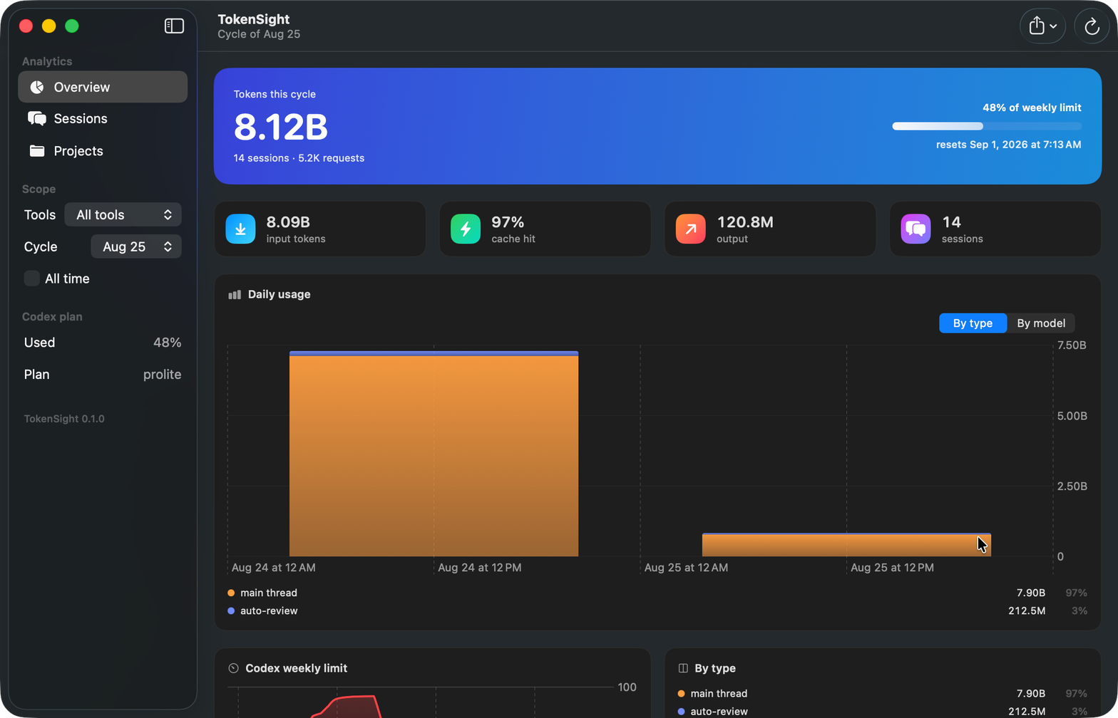 Overview for one cycle — limit progress, exact totals, daily usage by type or model.